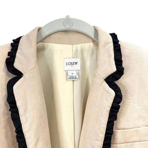J. Crew ruffle contrast trim Linen blazer Size 0 tan black - Picture 4 of 8